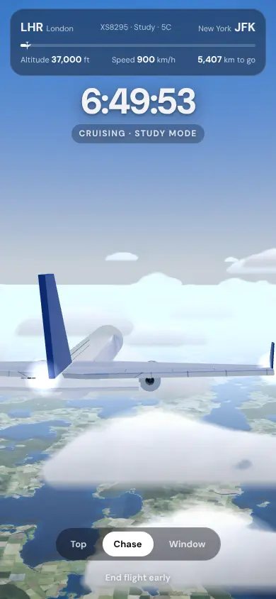 Chase camera following the plane above clouds and lakes