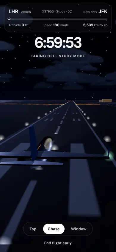 Night take-off with runway lights and stars