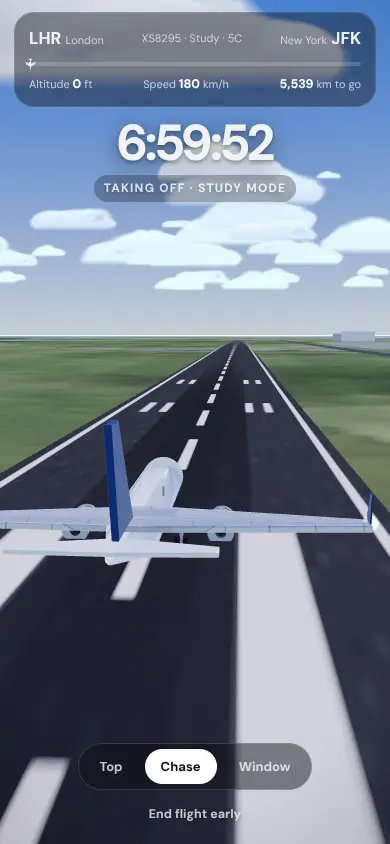 Study Flight take-off: the plane rolling down the runway with the study countdown on top